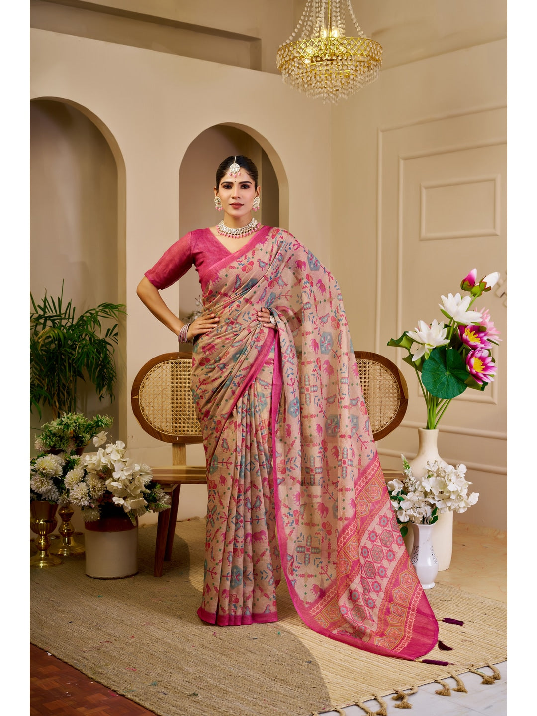 Peachmode Pink Pure Cotton Saree - Image 1