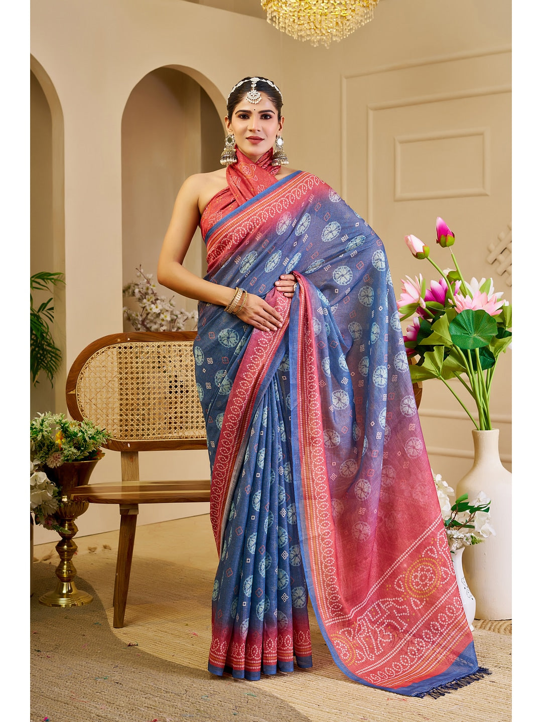 Peachmode Blue Pure Cotton Saree - Image 1