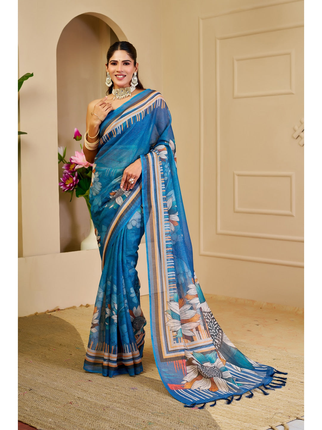 Peachmode Blue Pure Cotton Saree - Image 1