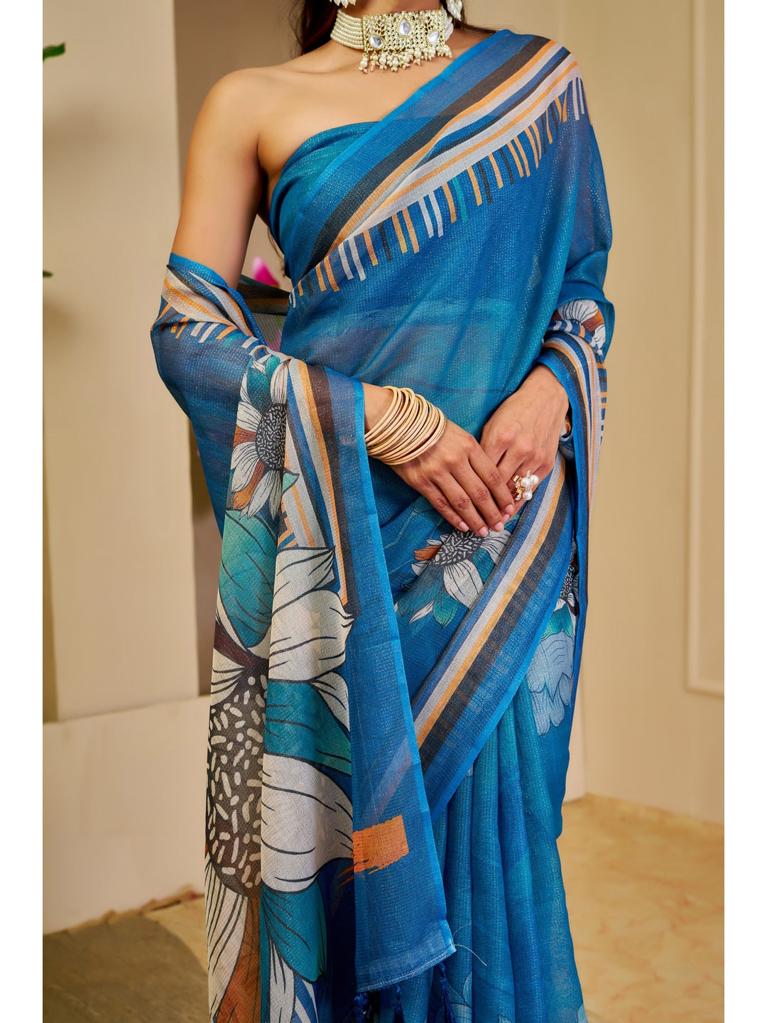 Peachmode Blue Pure Cotton Saree - Image 4