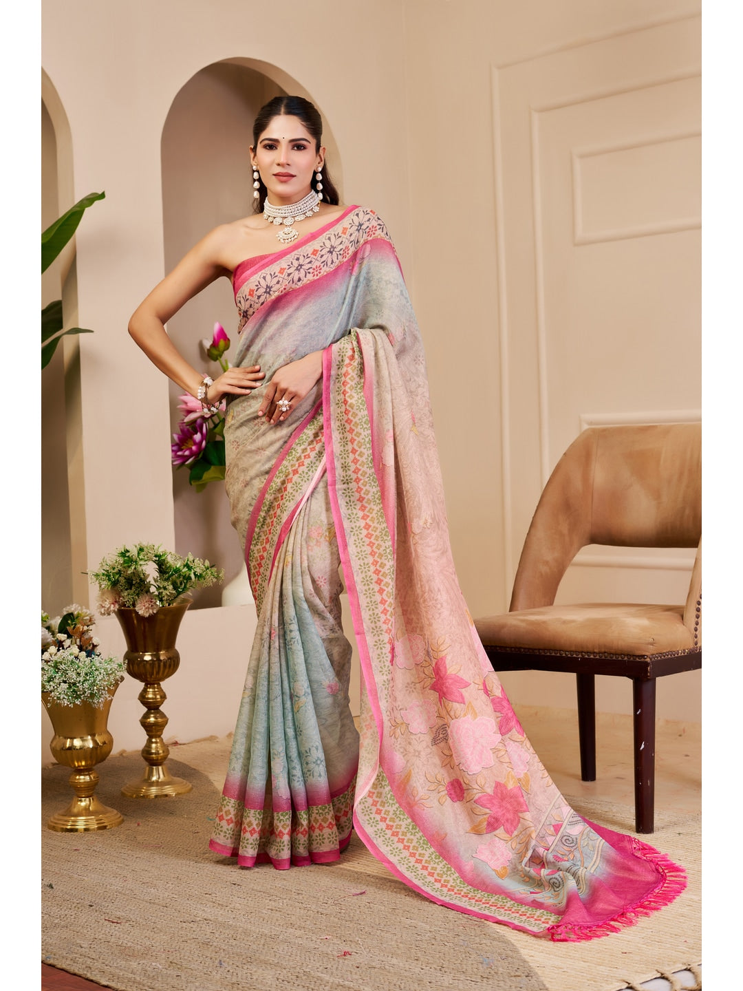 Peachmode Grey Pure Cotton Saree - Image 1