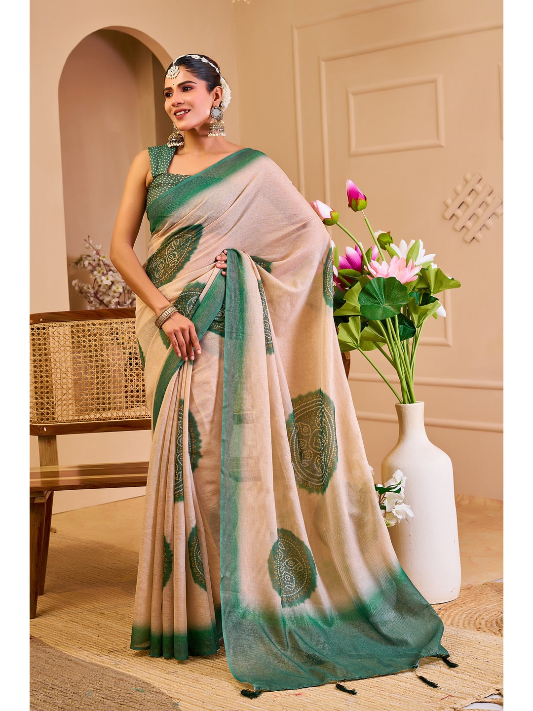 Peachmode Green Pure Cotton Saree - Image 1