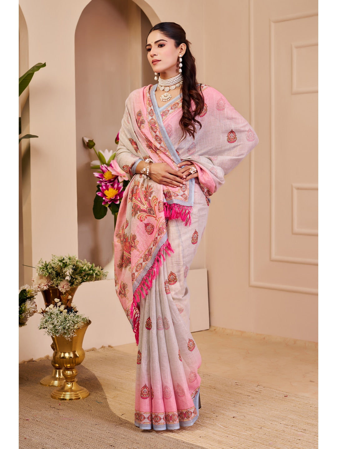 Peachmode Pink Pure Cotton Saree - Image 3