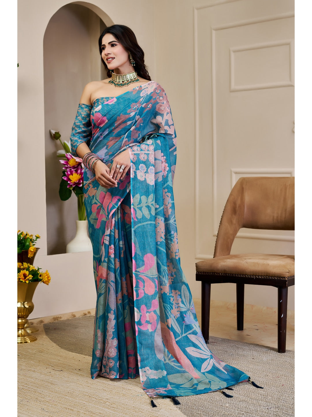 Peachmode Blue Pure Cotton Saree - Image 1