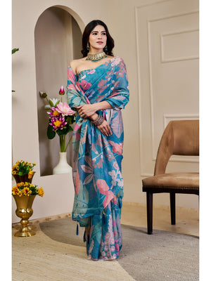 Peachmode Blue Pure Cotton Saree - Image 2