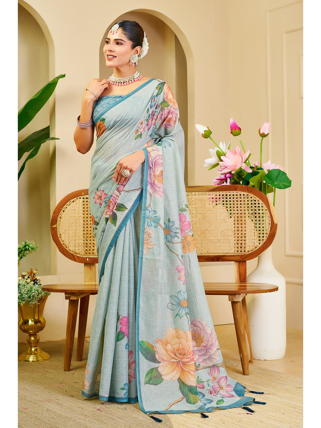 Peachmode Blue Pure Cotton Saree - Image 2