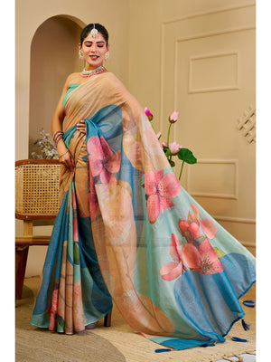 Peachmode Beige Pure Cotton Saree - Image 2