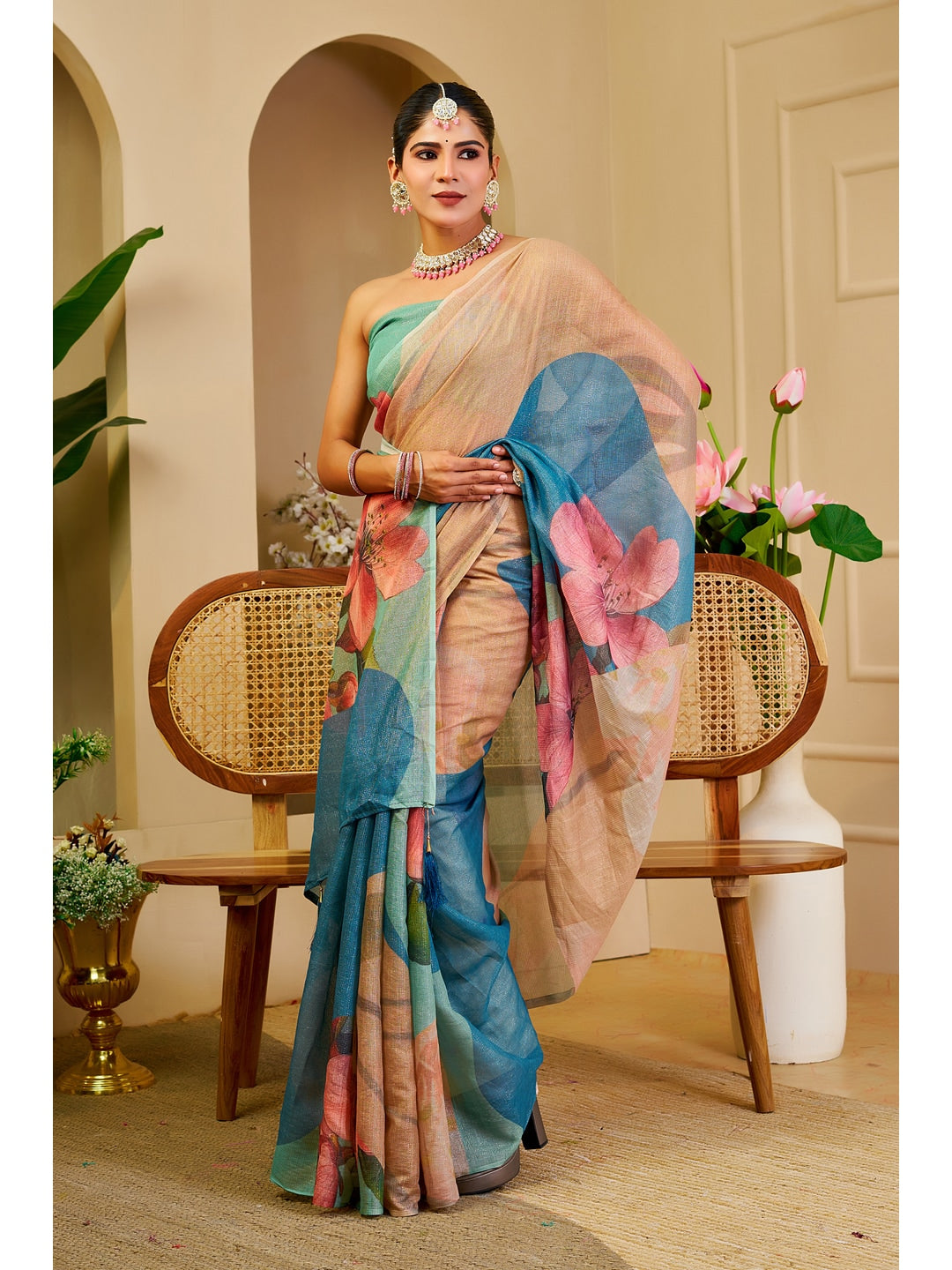 Peachmode Beige Pure Cotton Saree - Image 3
