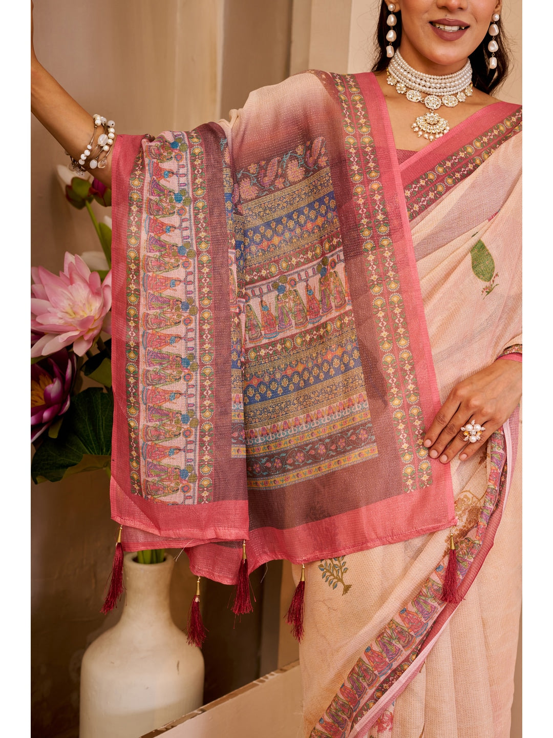 Peachmode Pink Pure Cotton Saree - Image 3