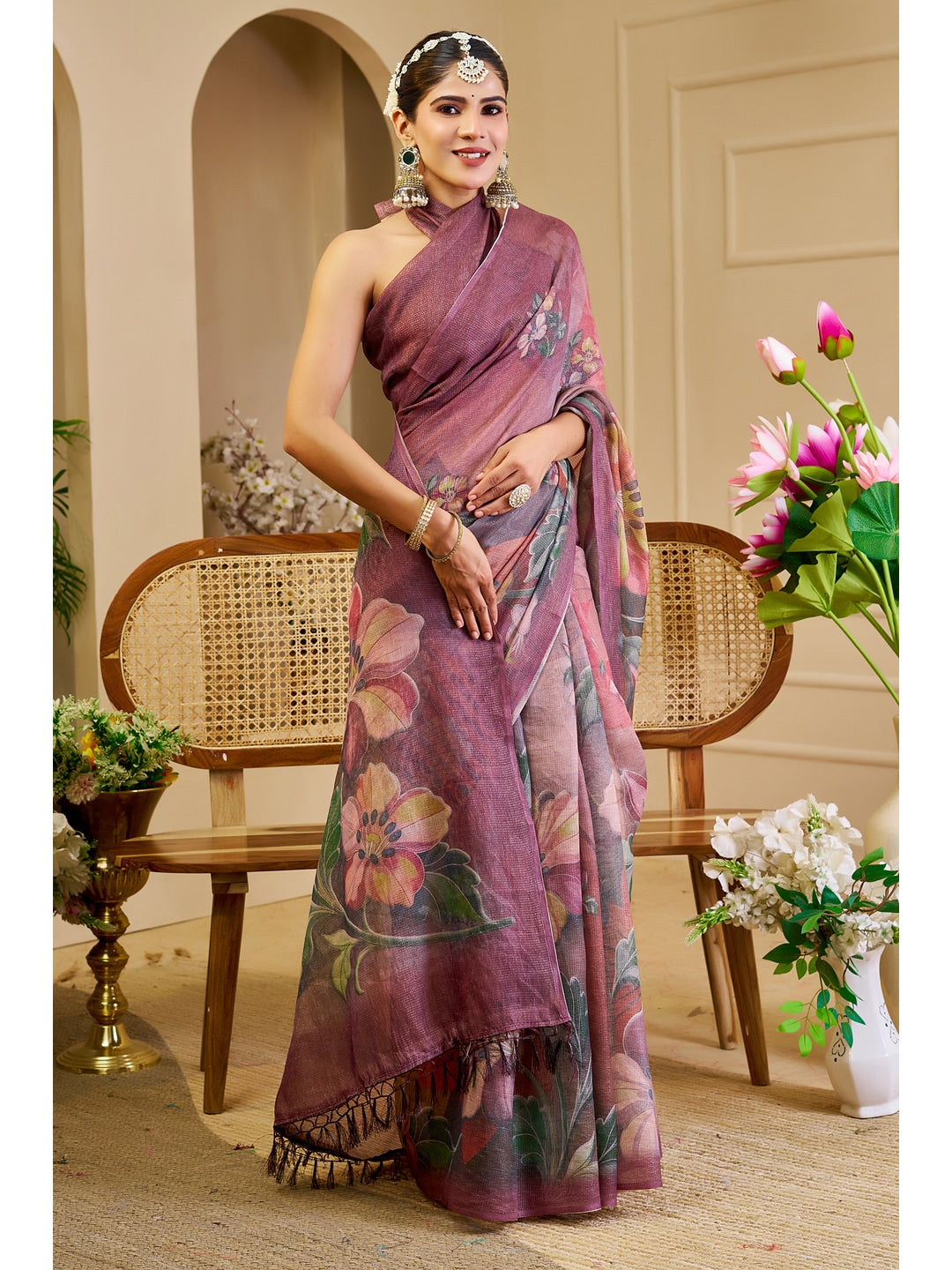 Peachmode Mauve Pure Cotton Saree - Image 1