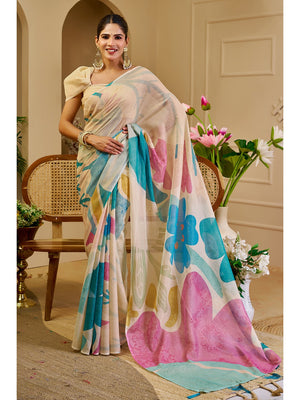 Peachmode Beige Pure Cotton Saree - Image 1