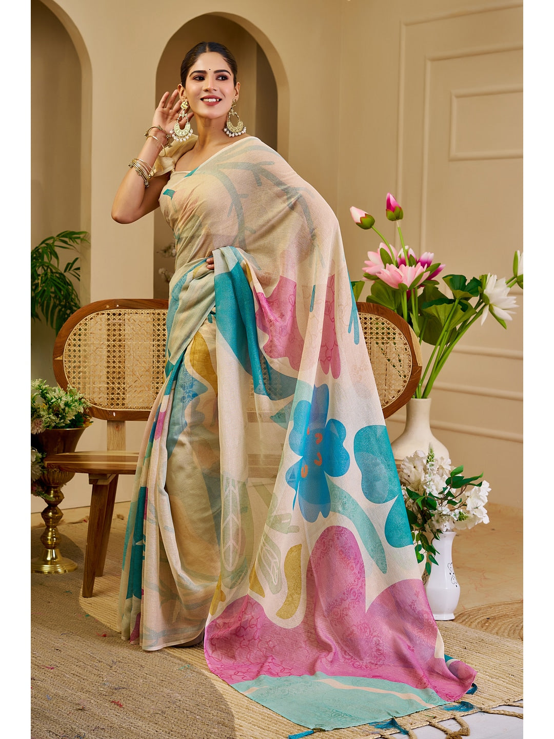 Peachmode Beige Pure Cotton Saree - Image 3