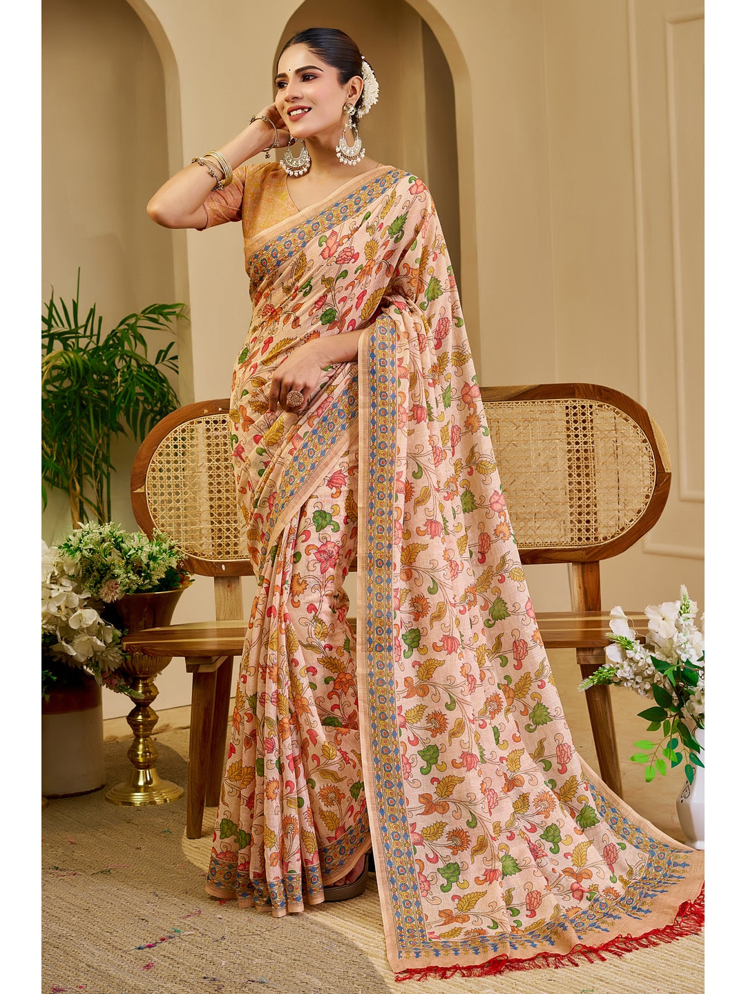 Peachmode Beige Pure Cotton Saree - Image 1
