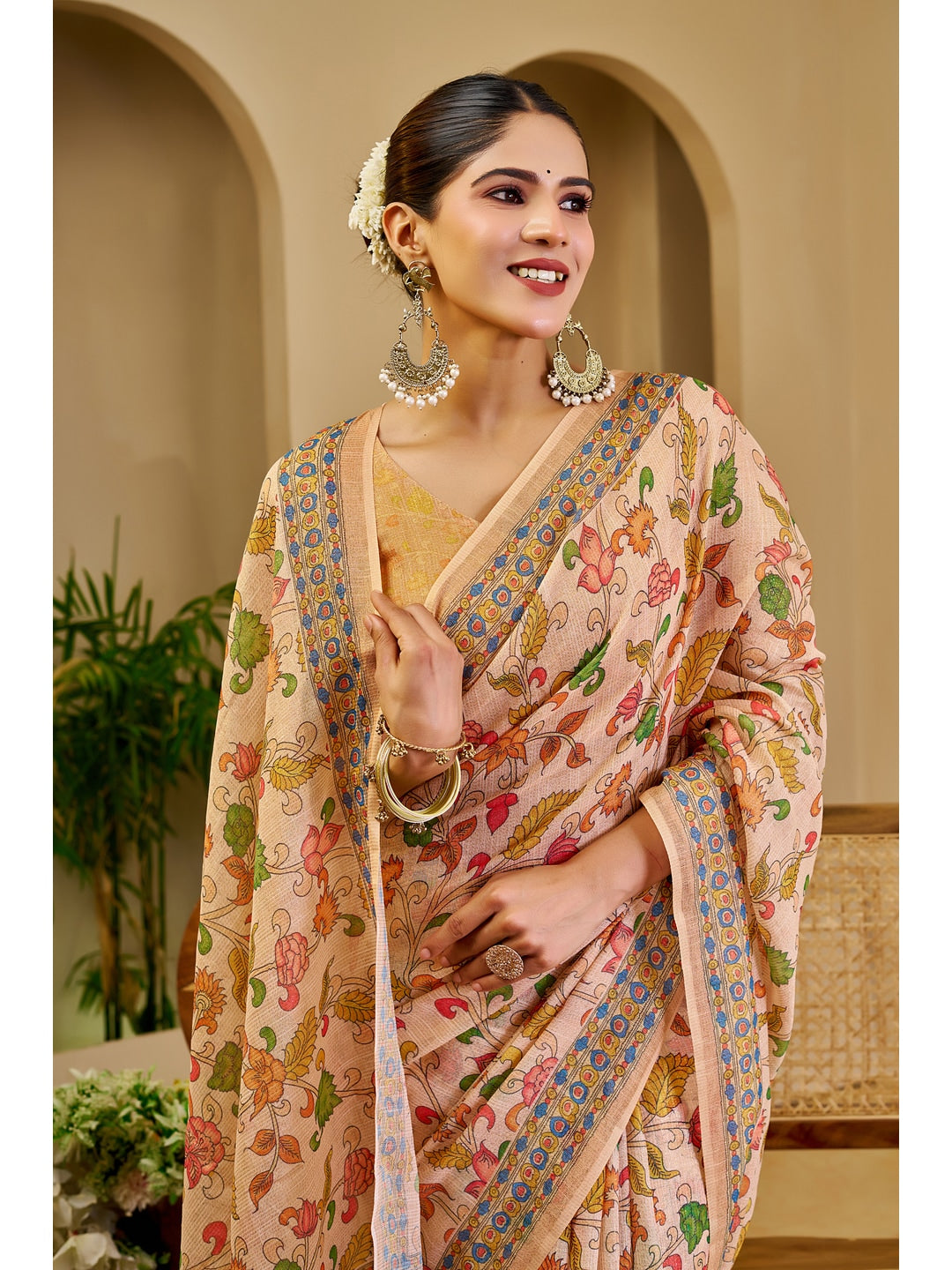 Peachmode Beige Pure Cotton Saree - Image 4