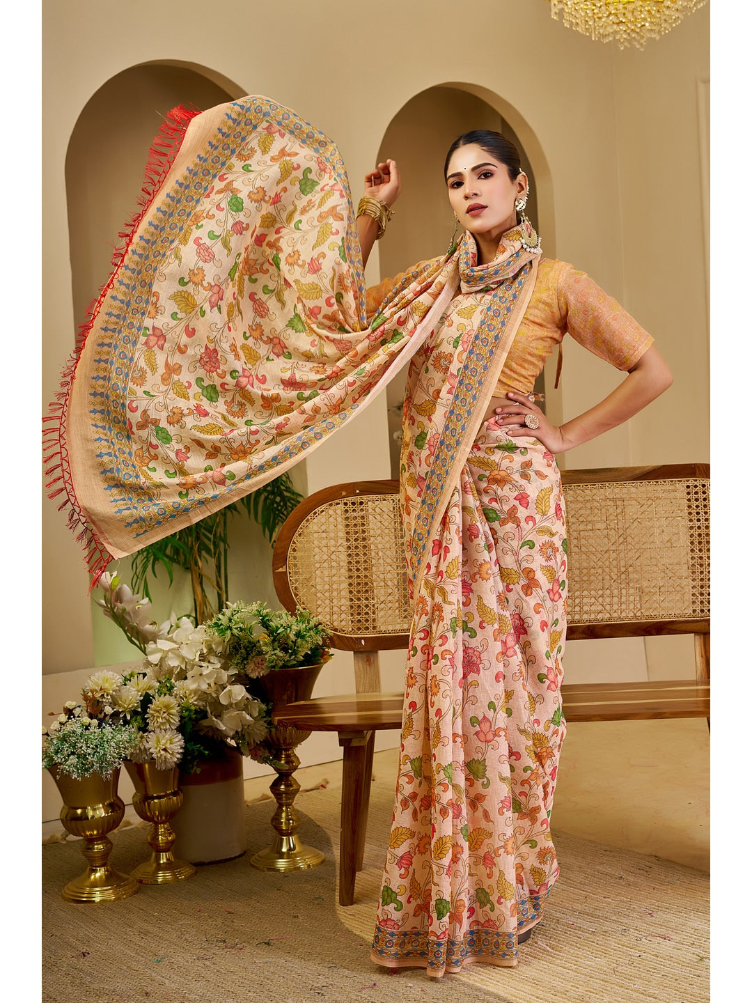 Peachmode Beige Pure Cotton Saree - Image 5