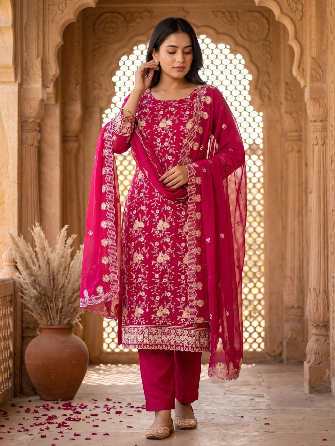 Rani Pink Georgette Dress Material Highlighted With Floral Thread Embroidery - Image 1
