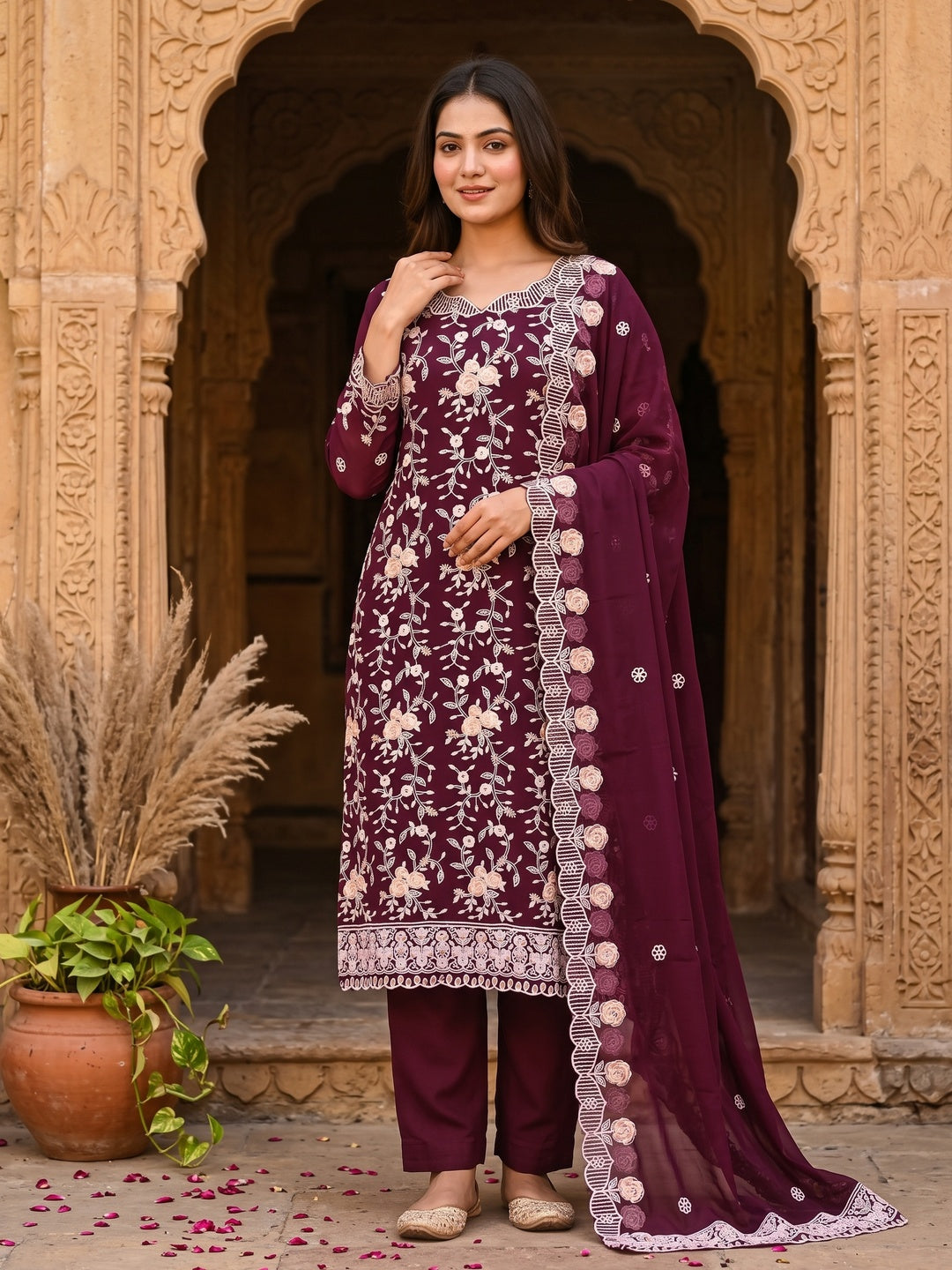 Wine Georgette Dress Material Highlighted With Floral Thread Embroidery - Image 1