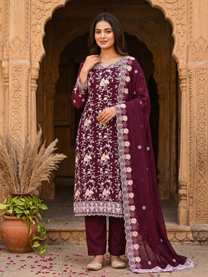 Wine Georgette Dress Material Highlighted With Floral Thread Embroidery - Image 1
