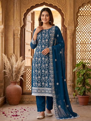 Blue Georgette Dress Material Highlighted With Paisley & Floral Thread Embroidery - Image 1