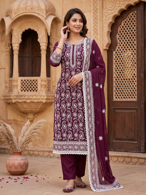 Wine Georgette Dress Material Highlighted With Paisley & Floral Thread Embroidery - Image 1