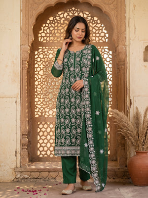 Green Georgette Dress Material Highlighted With Paisley & Floral Thread Embroidery - Image 1