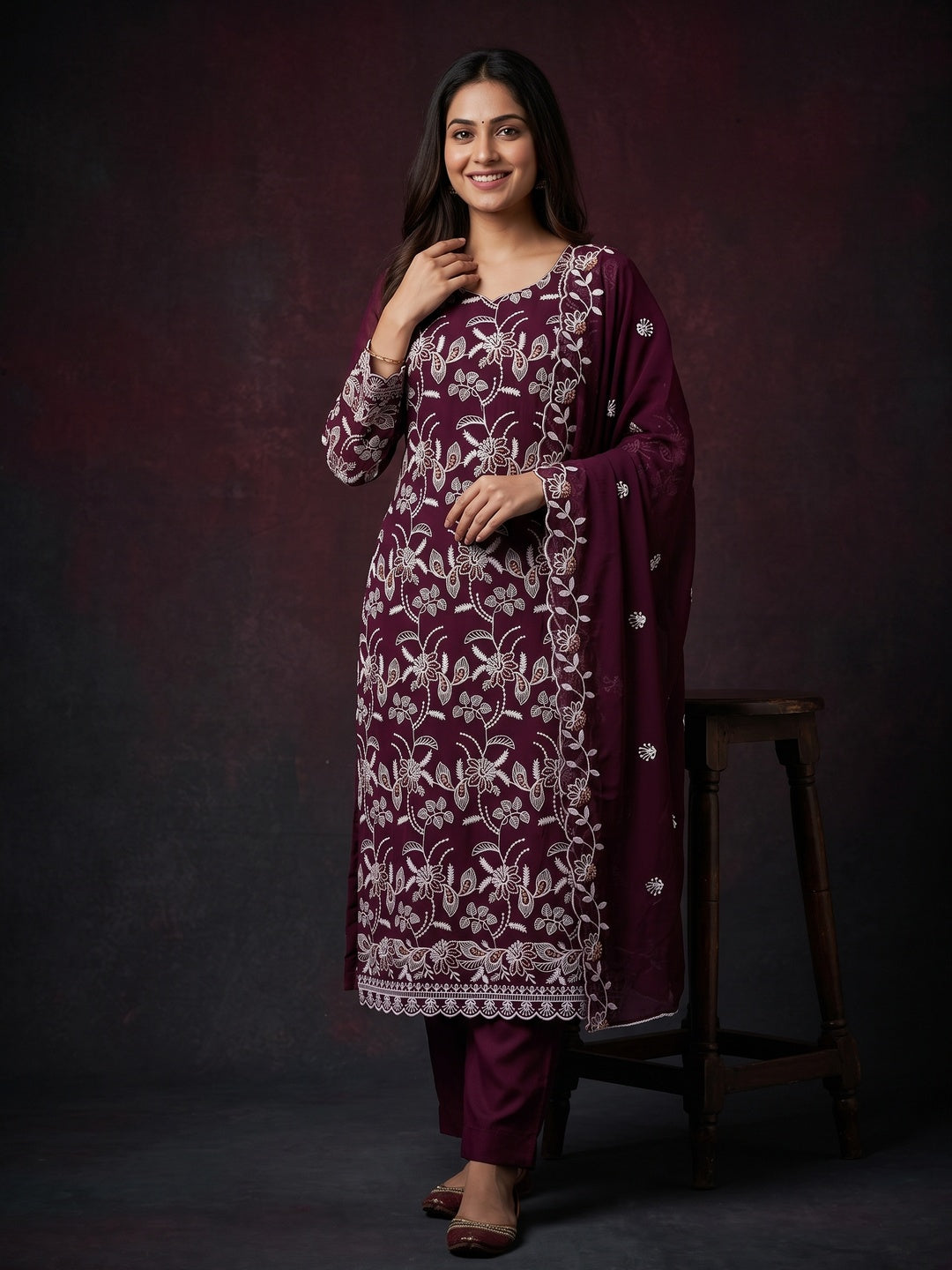 Wine Georgette Dress Material Accented With Floral Thread Work - Image 1