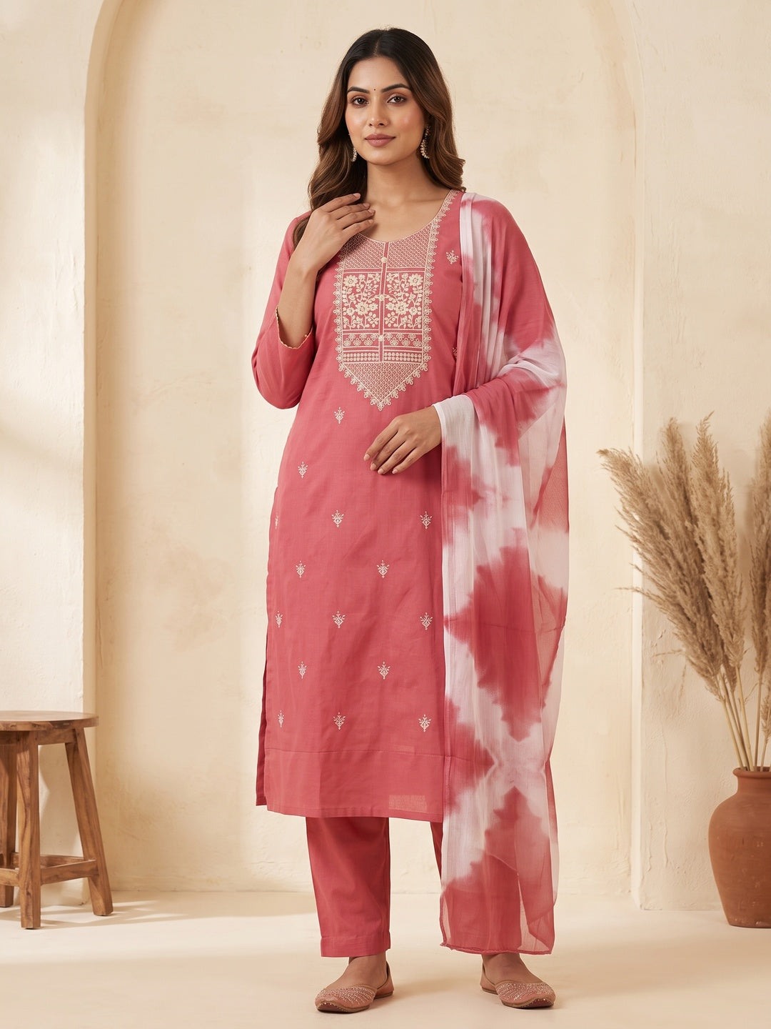 Gajari Pink Floral Thread Embroidered Cotton Blend Dress Material With Sequins Work - Image 1