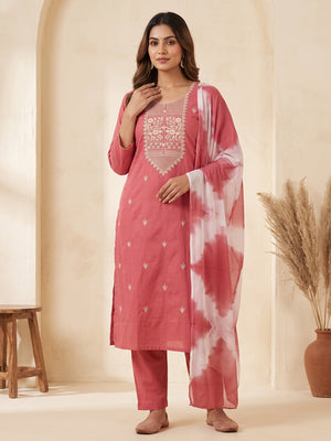 Gajari Pink Floral Thread Embroidered Cotton Blend Dress Material With Sequins Work - Image 1