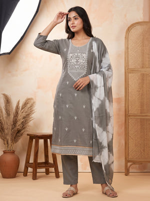 Grey Floral Thread Embroidered Cotton Blend Dress Material With Sequins Work - Image 1