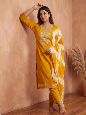 Mustard Floral Thread Embroidered Cotton Blend Dress Material With Sequins Work - Image 1