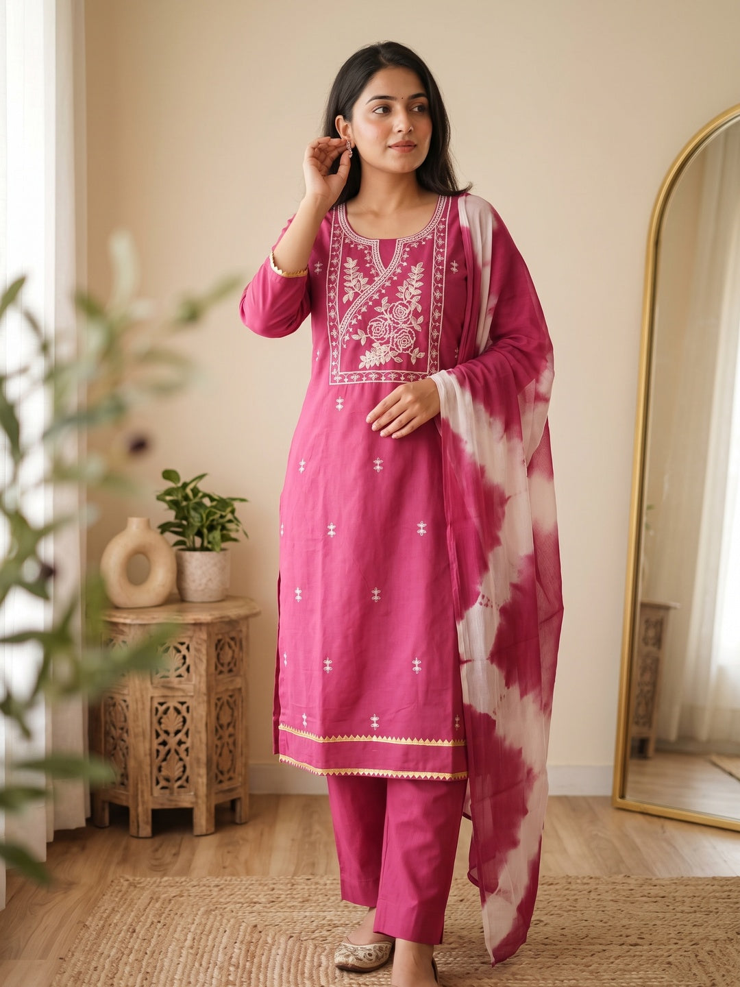 Pink Cotton Blend Dress Material Highlighted With Floral Thread & Sequins Work - Image 1