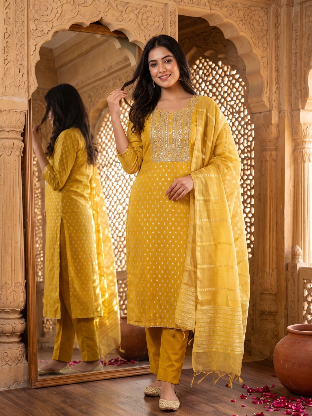 Classic Yellow Butti Weaving Shimmer Dress Material Enhanced With Sequins Cording Embroidery - Image 2