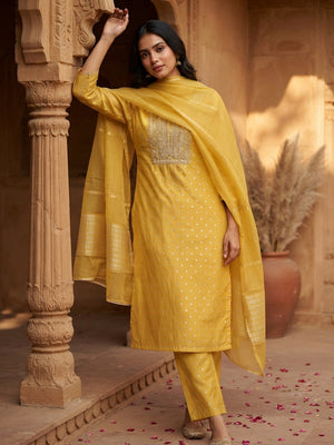 Classic Yellow Butti Weaving Shimmer Dress Material Enhanced With Sequins Cording Embroidery - Image 1