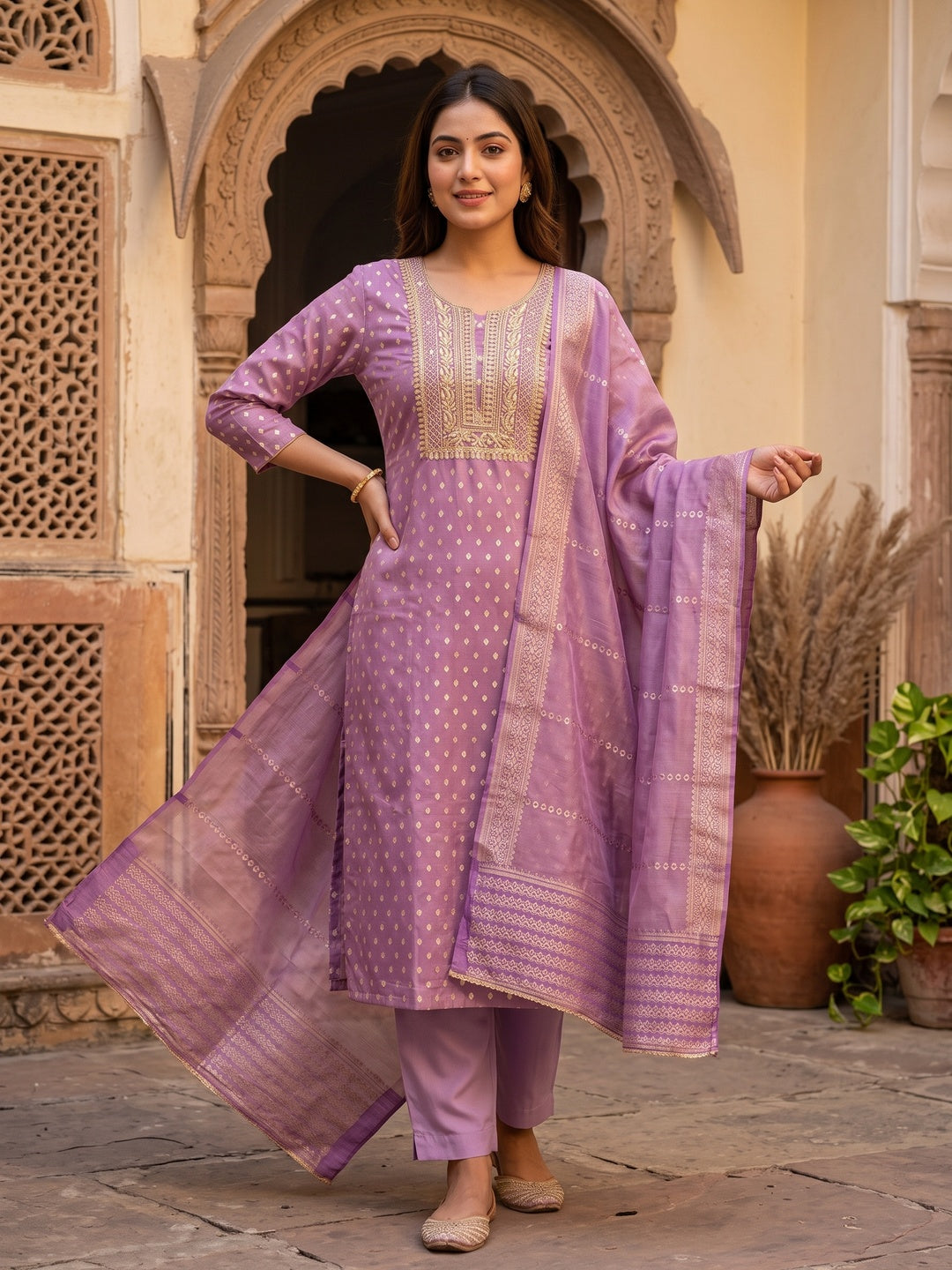 Classic Lavender Butti Weaving Shimmer Dress Material Enhanced With Sequins Cording Embroidery - Image 1