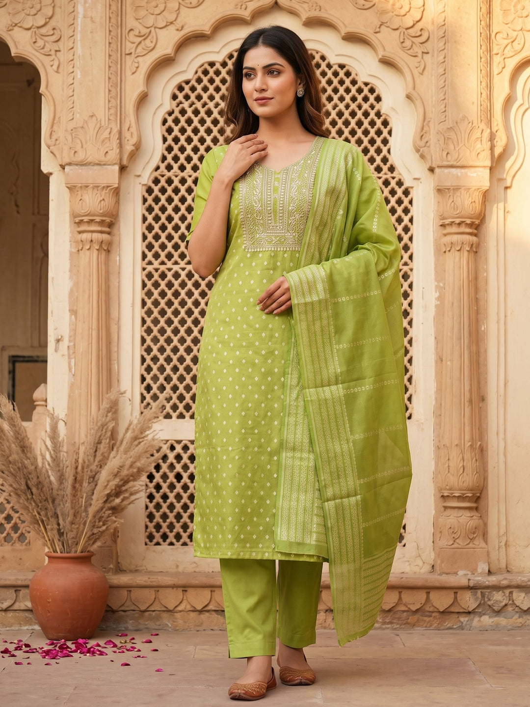 Classic Green Butti Weaving Shimmer Dress Material Enhanced With Sequins Cording Embroidery - Image 1