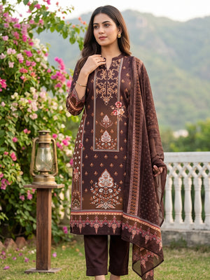 Brown Floral Digital Printed Rayon Dress Material Enhanced With Mirror Work - Image 1