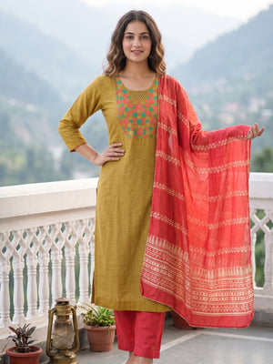 Charming Mustard Thread Embroidered Cotton Blend Dress Material With Sequins & Gota Patti Accents - Image 1