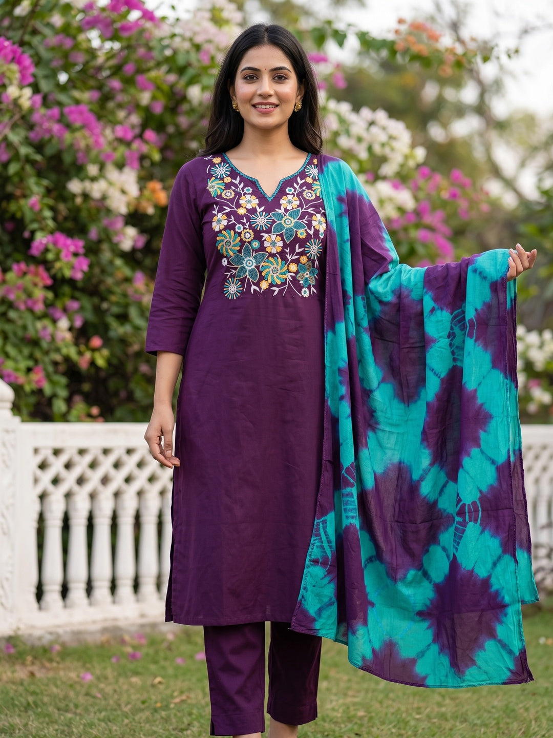 Elegant Purple Floral Thread Embroidered Cotton Blend Dress Material With Gota Patti Work - Image 1