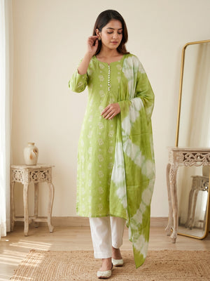 Exquisite Green Floral Printed Cotton Blend Dress Material - Image 1