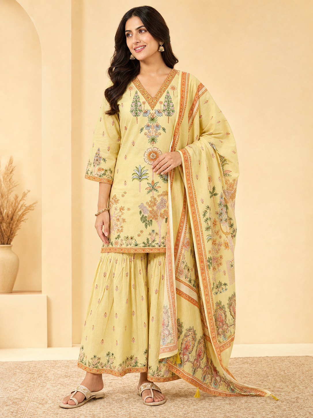 Peachmode Yellow Pure Cotton Floral Printed Sharara Salwar Suit Set - Image 1