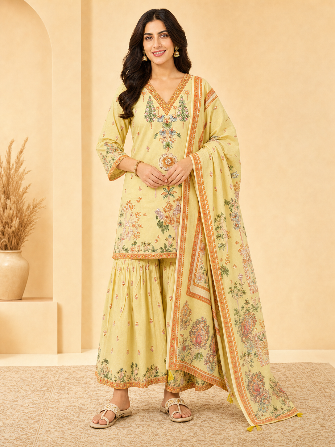Peachmode Yellow Pure Cotton Floral Printed Sharara Salwar Suit Set - Image 6