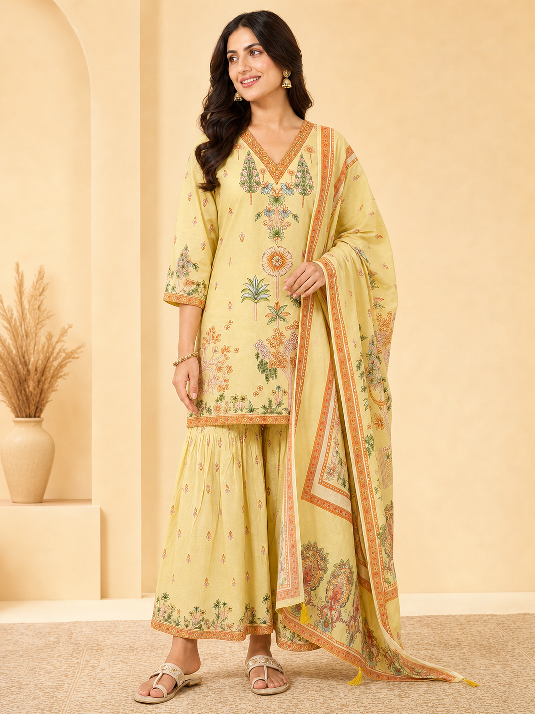 Peachmode Yellow Pure Cotton Floral Printed Sharara Salwar Suit Set - Image 7