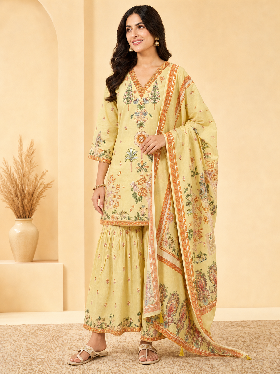 Peachmode Yellow Pure Cotton Floral Printed Sharara Salwar Suit Set - Image 8