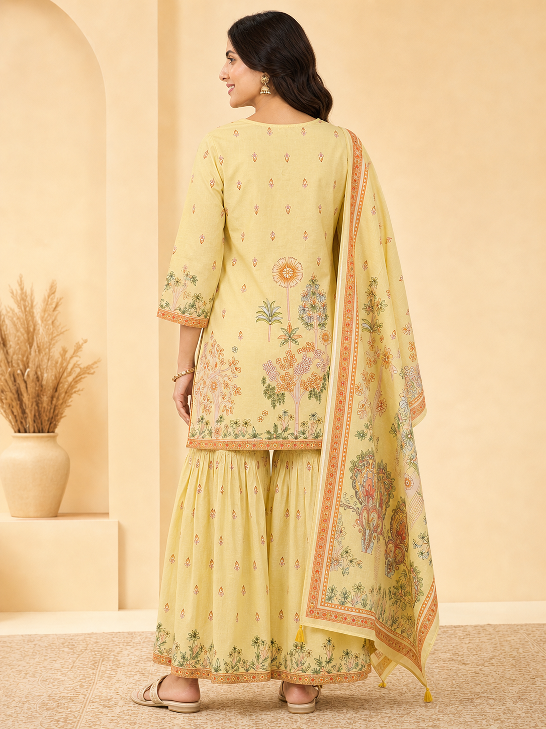 Peachmode Yellow Pure Cotton Floral Printed Sharara Salwar Suit Set - Image 9