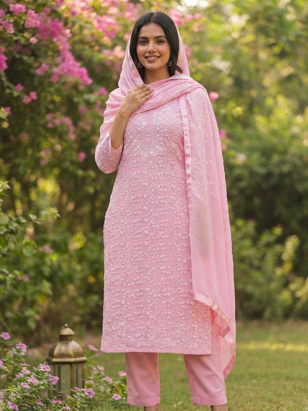 Stylish Pink Thread Embroidered With Sequins Work Georgette Dress Material For Ethnic Styling - Image 1