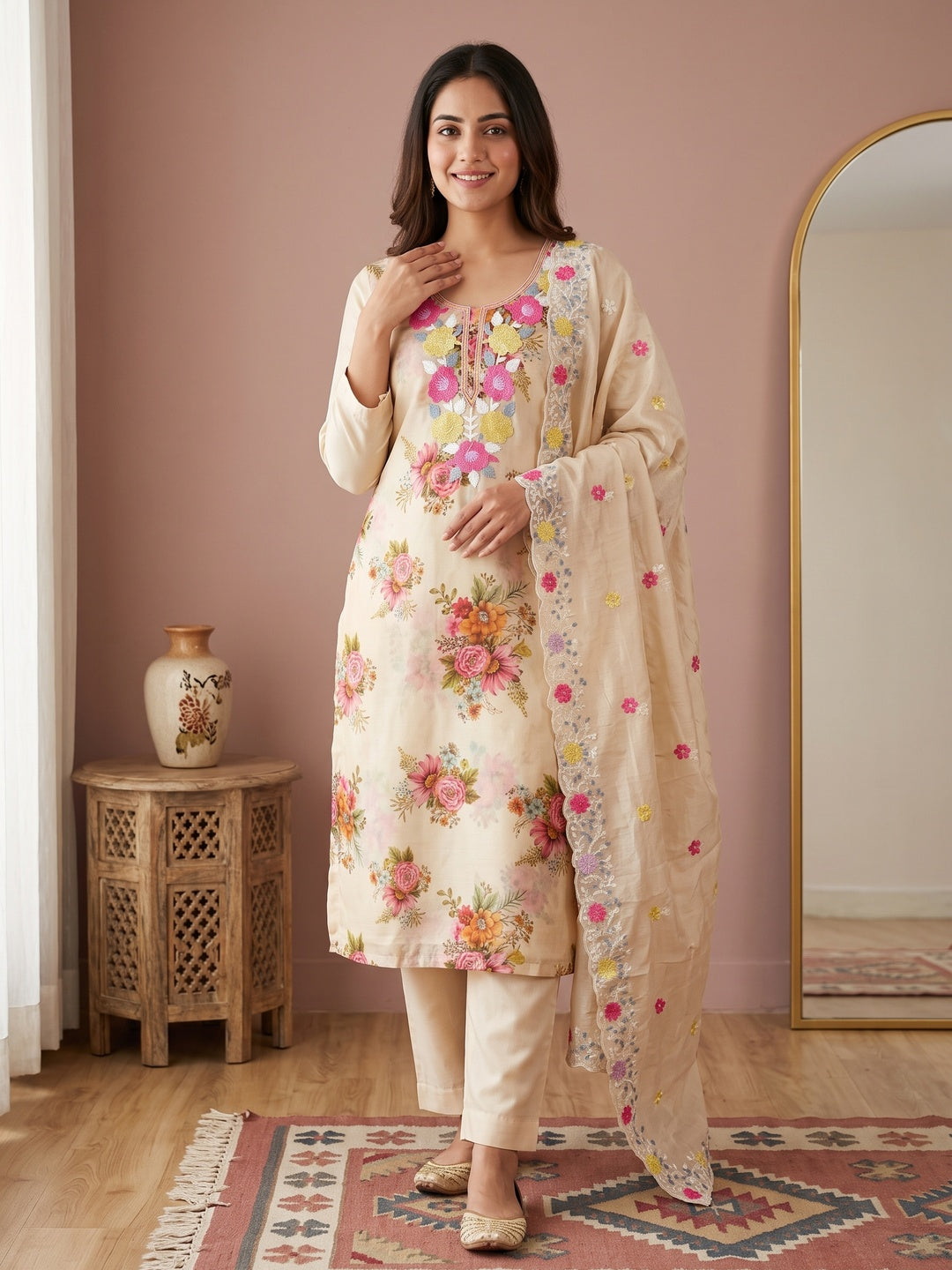 Designer Cream Floral Digital Printed Shimmer Silk Dress Material Featuring Embroidery Work - Image 1