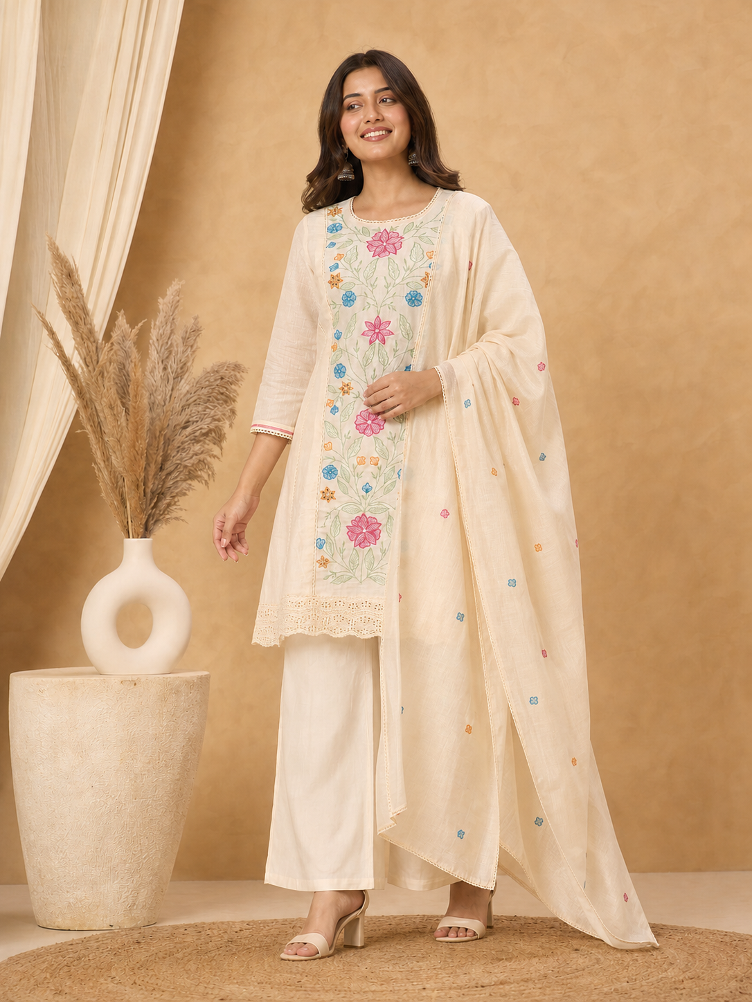 Peachmode Cream Chanderi Floral Embroidered Salwar Suit - Image 3