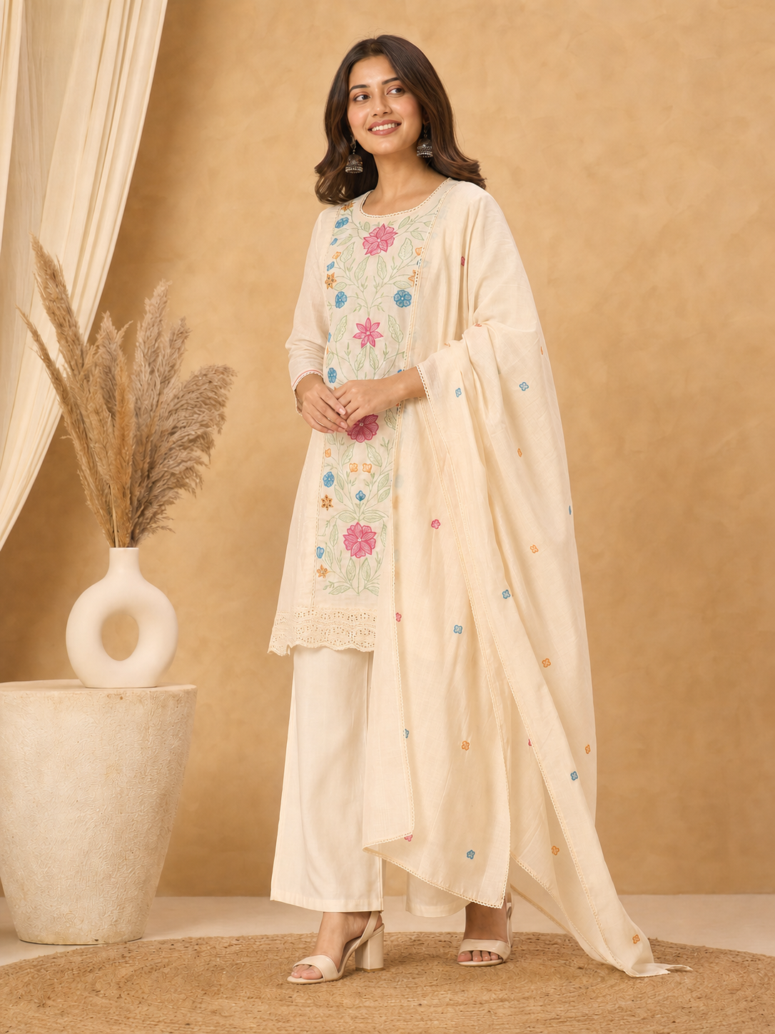 Peachmode Cream Chanderi Floral Embroidered Salwar Suit - Image 4