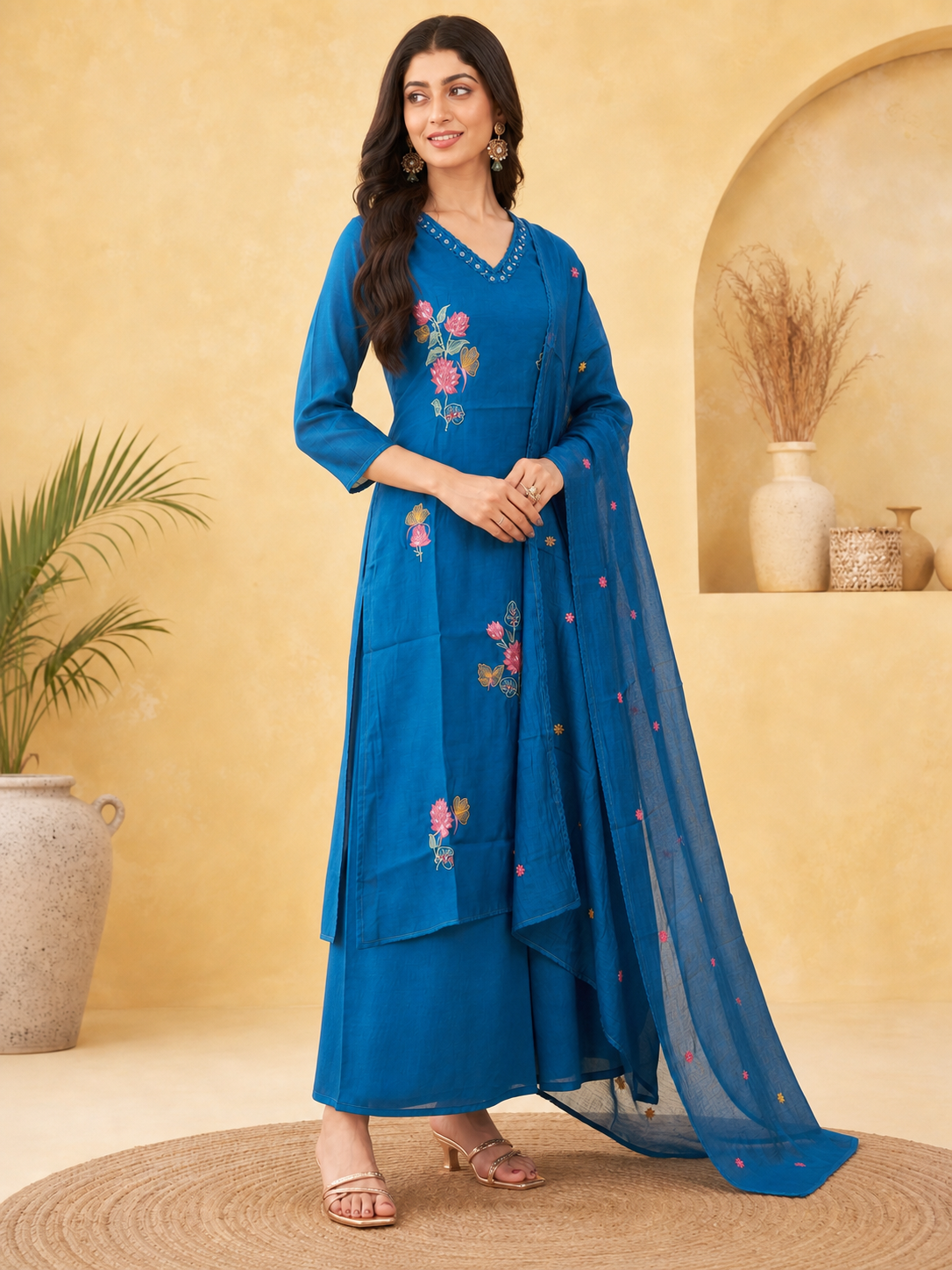 Peachmode Blue Chanderi Floral Embroidered Salwar Suit - Image 4