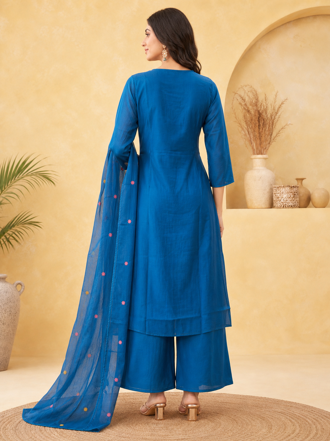 Peachmode Blue Chanderi Floral Embroidered Salwar Suit - Image 5